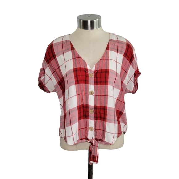 Universal Thread Red & White Plaid Tie Front Button-Up V-Neck Top Women's Size S - Picture 1 of 7